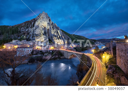 Unusual shaped rock at dusk in Sisteron, France 38049037