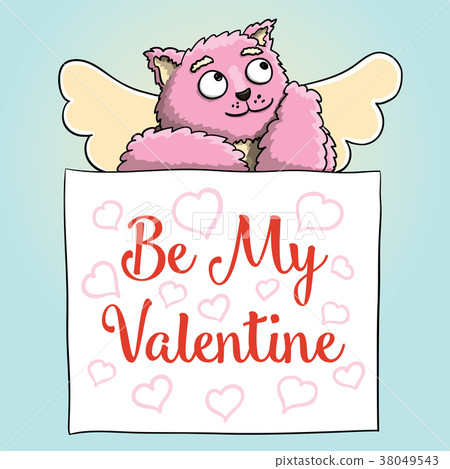 Valentines Day. Funny Smiling Cute Cupid Pink Cat Valentines Day. Funny Smiling Cute Cupid Pink Cat 38049543