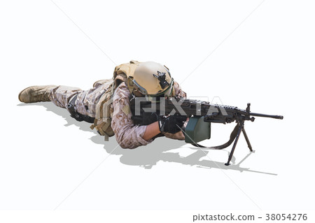 military army soldier lies prone firing Machine 38054276