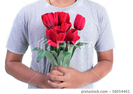 Man holding red rose flower. Valentines day Man holding red rose flower. Valentines day 38054401