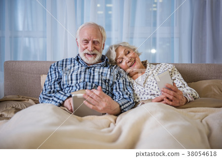 Tranquil elderly couple surfing the internet in Tranquil elderly couple surfing the internet in 38054618
