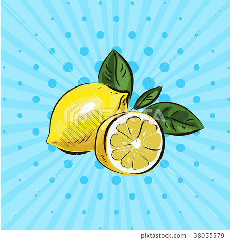 Yellow lemon and half lemon with green leaves on Yellow lemon and half lemon with green leaves on 38055579