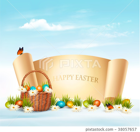 Happy Easter background. Eggs in a basket. Vector. Happy Easter background. Eggs in a basket. Vector. 38057657