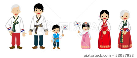 Three generations family wearing Korean folk costumes with national flag Three generations family wearing Korean folk costumes with national flag 38057958