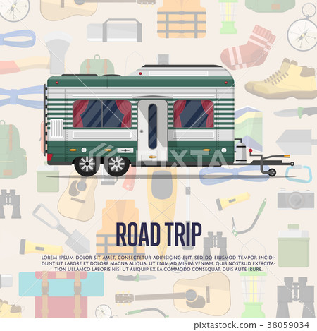 Road trip poster with camping trailer Road trip poster with camping trailer 38059034