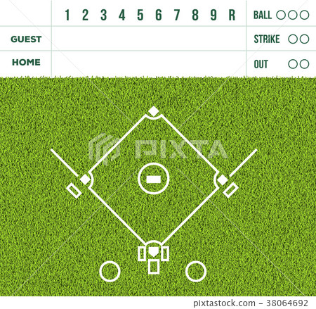 Baseball court on green grass, game score display 38064692