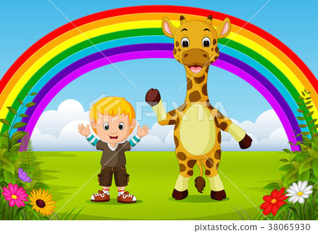 cute boy and giraffe at park with rainbow scene cute boy and giraffe at park with rainbow scene 38065930