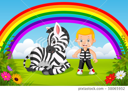 cute boy and zebra at park with rainbow scene cute boy and zebra at park with rainbow scene 38065932