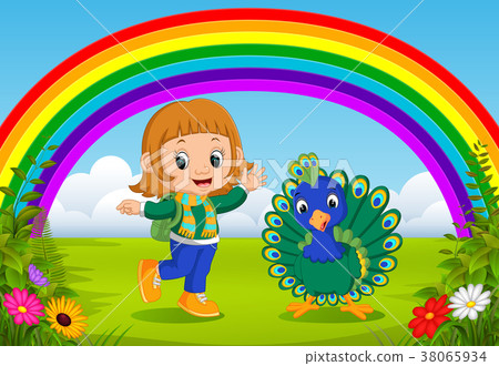 cute girl and peacock at park with rainbow scene cute girl and peacock at park with rainbow scene 38065934