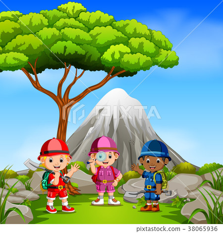 three adventurer in the park with mountain scene three adventurer in the park with mountain scene 38065936