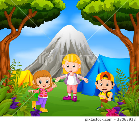 Children camping out in the park with mountain Children camping out in the park with mountain 38065938