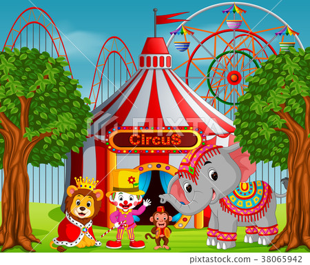 Clown and many animal with circus tent at amusemen Clown and many animal with circus tent at amusemen 38065942