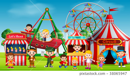 Childrens and people having fun in amusement park Childrens and people having fun in amusement park 38065947