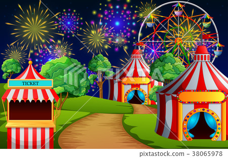 Amusement park scene with circus tent and firework - Stock Illustration ...