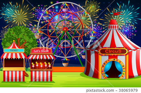Amusement park scene with circus tent and firework - Stock Illustration ...
