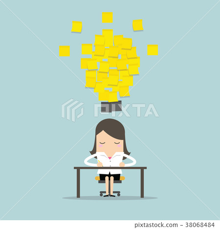 Businesswoman working with yellow stick note idea. Businesswoman working with yellow stick note idea. 38068484