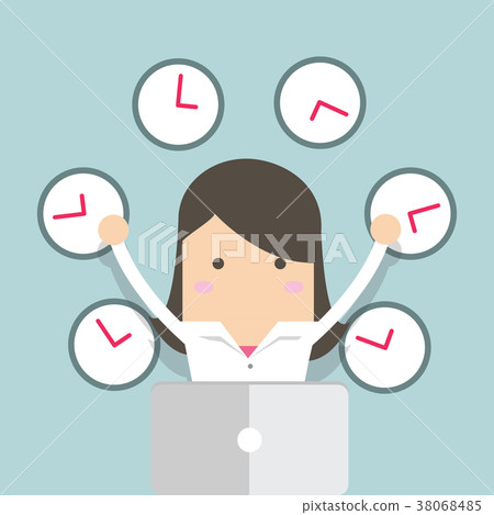 Businesswoman working with many clocks. Businesswoman working with many clocks. 38068485