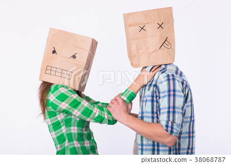 Violence against man. Aggressive woman with bag on Violence against man. Aggressive woman with bag on 38068787