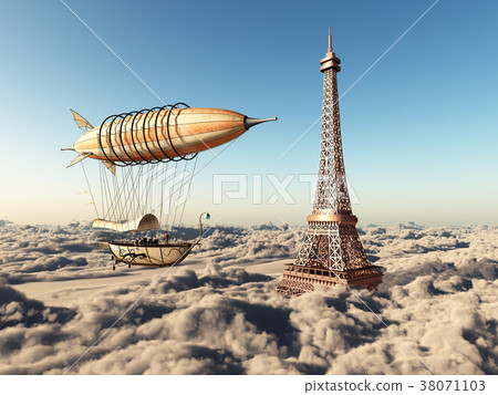 Fantasy airship and Eiffel Tower over the clouds 38071103
