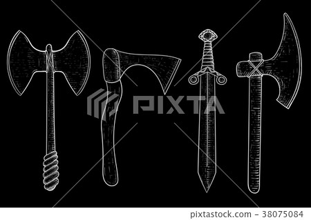 Set of viking weapons. Hand drawn sketch on black Set of viking weapons. Hand drawn sketch on black 38075084