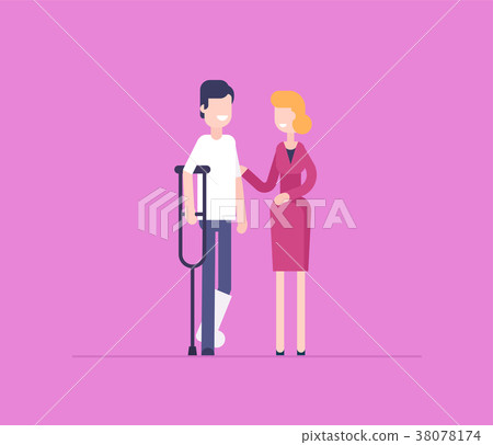 Woman with man on crutches - modern flat design Woman with man on crutches - modern flat design 38078174