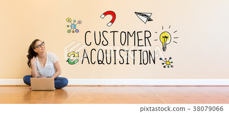 Customer Acquisition text with young woman using a 38079066