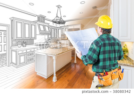 Male Contractor with Hard Hat and Plans Looking At Custom Kitche 38080342