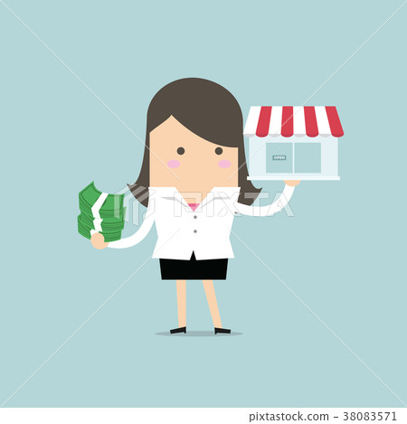 Businesswoman holding shop and money 38083571