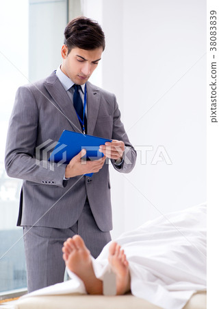 Police coroner examining dead body corpse in 38083839