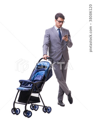 Young businessman nursing child in pram isolated 38086120