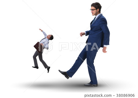 Bad angry boss kicking employee in business Bad angry boss kicking employee in business 38086906
