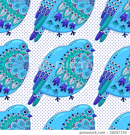 White and blue color seamless pattern with birds 38087150