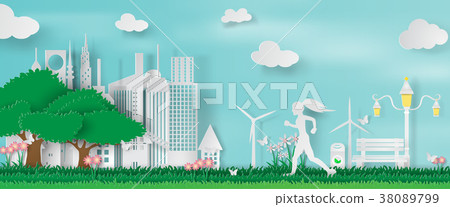 Paper art and craft of Green parks woman running 38089799