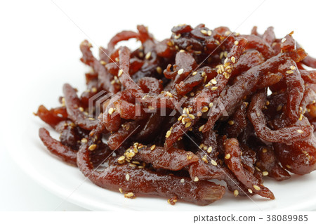 Sweet dried pork with sesame on white background Sweet dried pork with sesame on white background 38089985