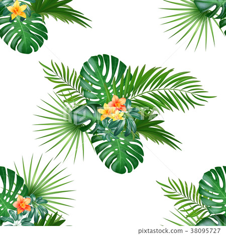Tropical seamless pattern with palm leaves and - Stock Illustration ...