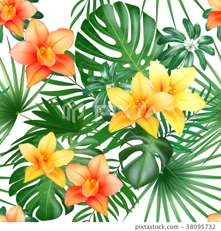 Tropical seamless pattern with palm leaves and - Stock Illustration ...