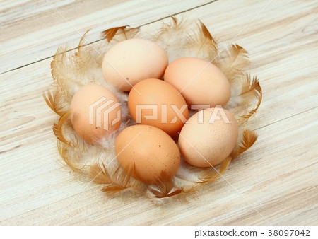 Easter eggs and chicken feathers around 38097042