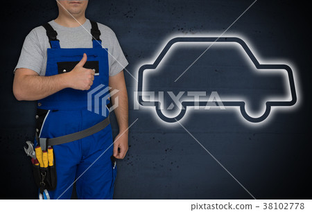 Car icon and craftsman with thumbs up Car icon and craftsman with thumbs up 38102778