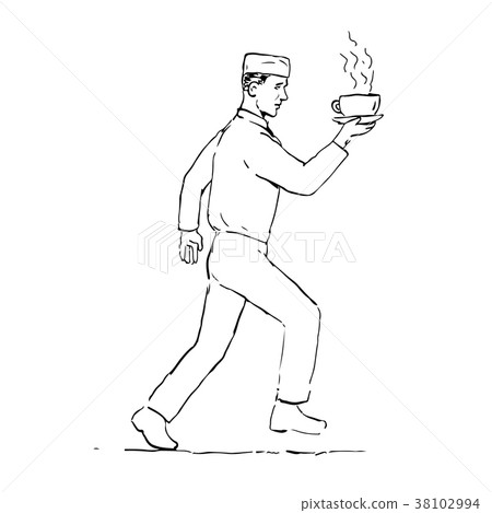 Retro Waiter Running Serving Coffee Drawing Retro Waiter Running Serving Coffee Drawing 38102994