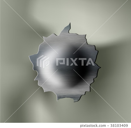 ragged bullet Hole torn in ripped metal 38103409