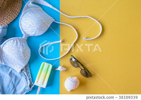 beach summer accessories on colorful background 38109339
