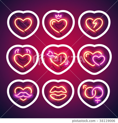 Glowing Neon Valentine Hearts Sticker with Stroke - Stock Illustration ...