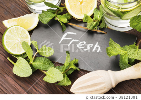 Detox drink with cucumber, lemon and mint 38121391