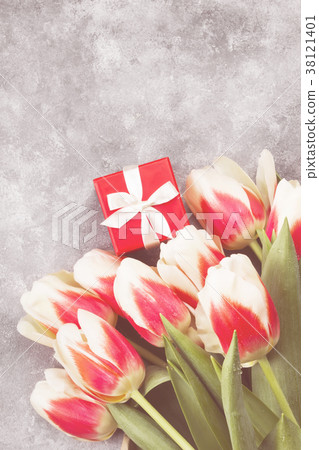 Bouquet of white pink tulips on a gray background Bouquet of white pink tulips on a gray background 38121401