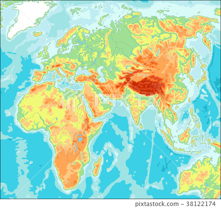 Asia centered Physical World Map 38122174