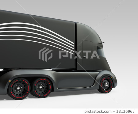 對角地後邊黑色自駕駛的電動半卡車的圖像 38126963