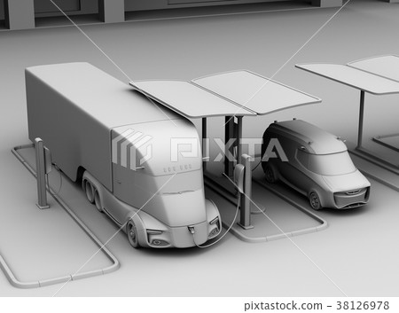 Clay shaded rendering image of a powered semi truck and minivan while charging to a fast charging station 38126978