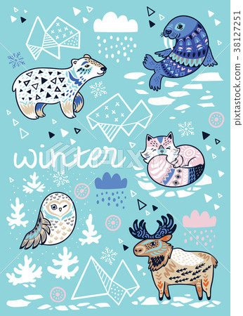 Winter greeting card with cartoon north animals Winter greeting card with cartoon north animals 38127251