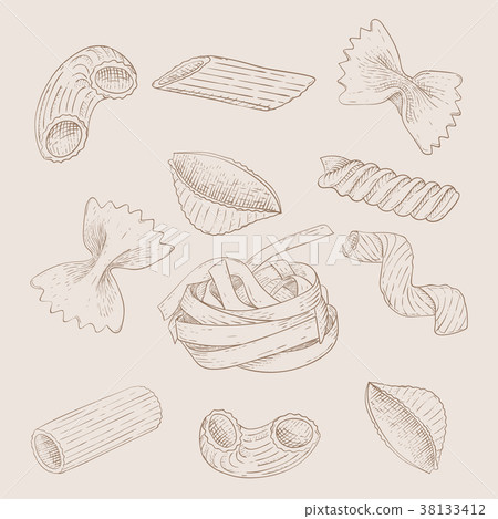 Pasta mix. Hand drawn sketch on beige background 38133412