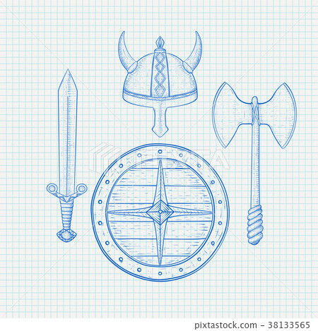 Viking warrior set - shield, sword, axe and horned Viking warrior set - shield, sword, axe and horned 38133565
